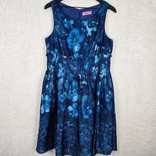 Eliza J Blue Floral Fit and Flare Dress Sleeveless Pleated Knee Length Size 14