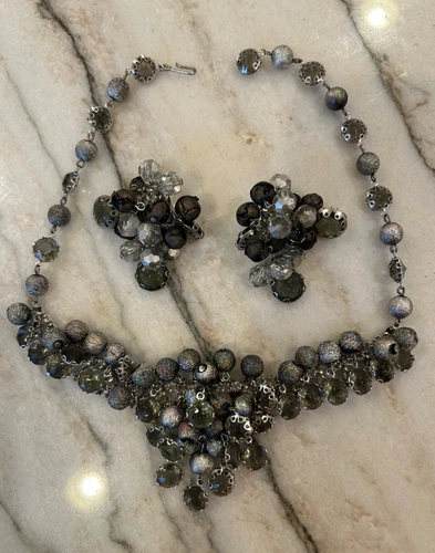 Vintage Choker, Clip Earrings Costume Jewelry Set, Silver Beads and Rhinestones