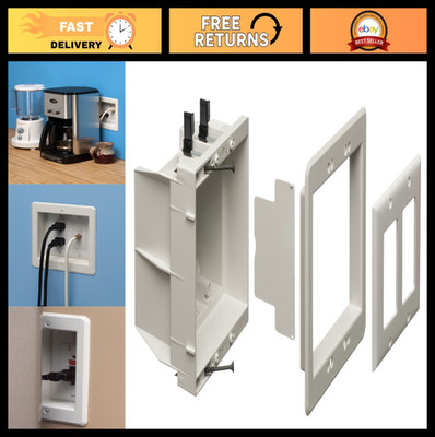 Recessed Electrical Outlet Box, 2-Gang with Paintable Wall Plate, White, Easy In