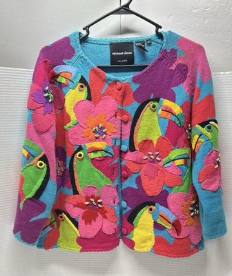 Michael Simon Women's Cardigan Sweater Size M Tropical Theme Colorful - EUC