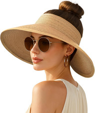 Women'S Sun Visor Hats Wide Brim Straw Beach Hat Ponytail Hats for Women Foldabl