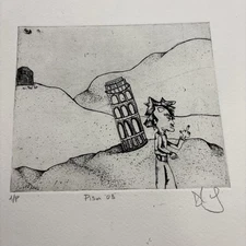 Leaning Tower of Pisa Funny Silly  A/P Artist Proof Etching Print Signed 6”x6”