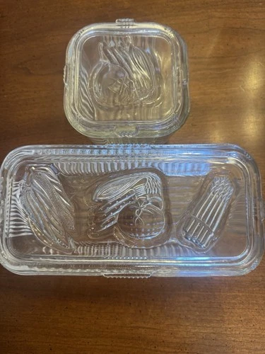 2 Vtg Federal Clear Glass Ribbed Refrigerator Dishes With Lids Vegetable Fruit