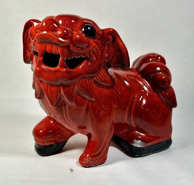 Vintage Royal Doulton Ceramic Flambe Foo Dog Figurine Red w/ Black Glaze Accents