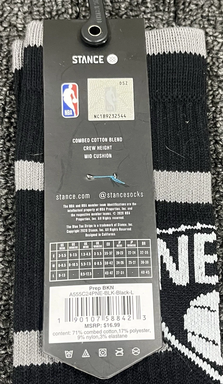 New! Stance Crew Socks NBA Brooklyn Nets Size Large Color Black