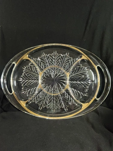 OVAL 5 SECTION SERVING/ CHARCUTERIE TRAY. JEANETTE FEATHER GLASS/ GOLD TRIM