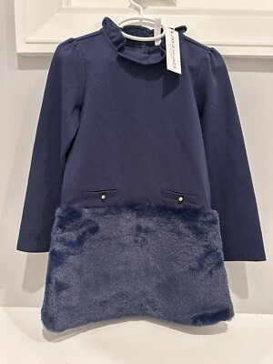 Janie and Jack navy dress with fur, 5T, New With Tags