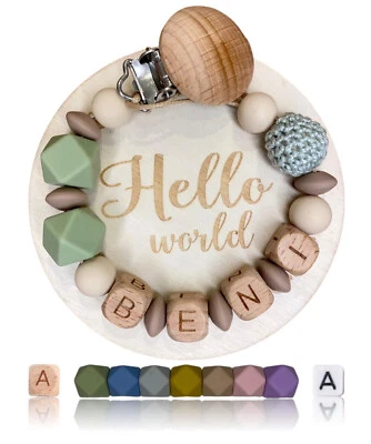 HANDGEFERTIGT Schnullerkette mit Namen Junge Mädchen Geburt Geschenk Holz Silikon Nuckelkette