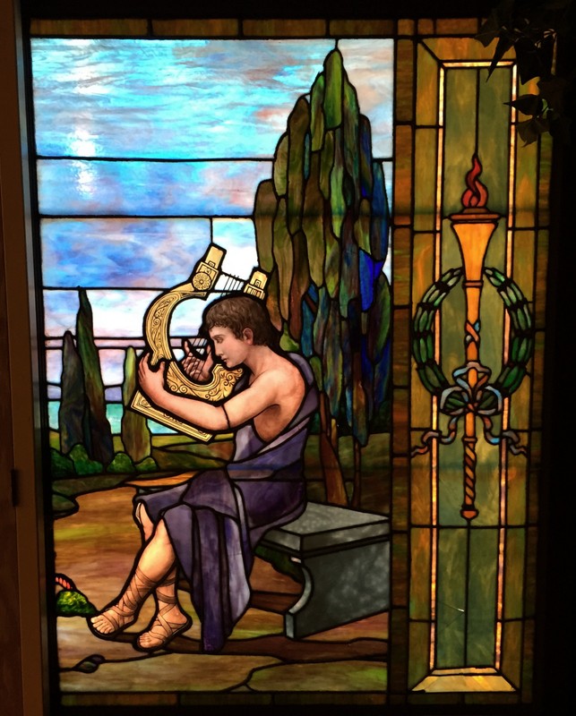 Antique Stained Glass Window Ancient Greek Boy w/ Harp 54"x41" L.A,Calif.pick-up