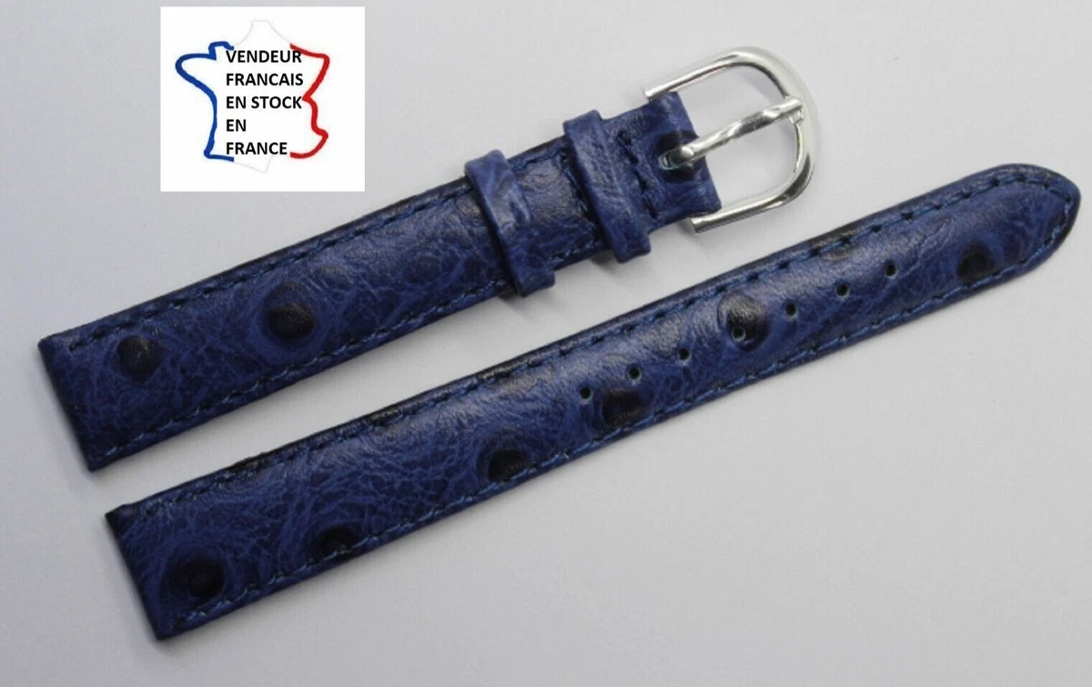 Bracelet De Montre Cuir Véritable Bleu Grain Requin, Largeur 14mm, Neuf