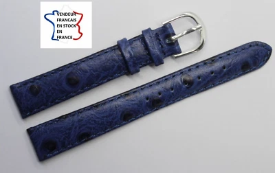 Bracelet montre ,14mm;BLEU grain AUTRUCHE;CUIR VERITABLE;Boucle ARGENTEE/ 27-4 - Photo 1/2