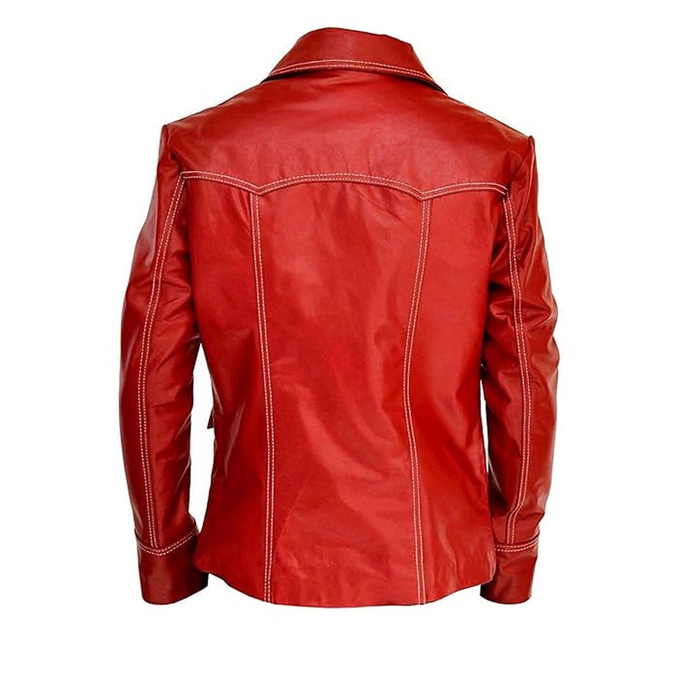 Heren Biker Jacket Rode Leren Jas - Geïnspireerd Op Brad Pitt In Fight Club Als Tyler Durden