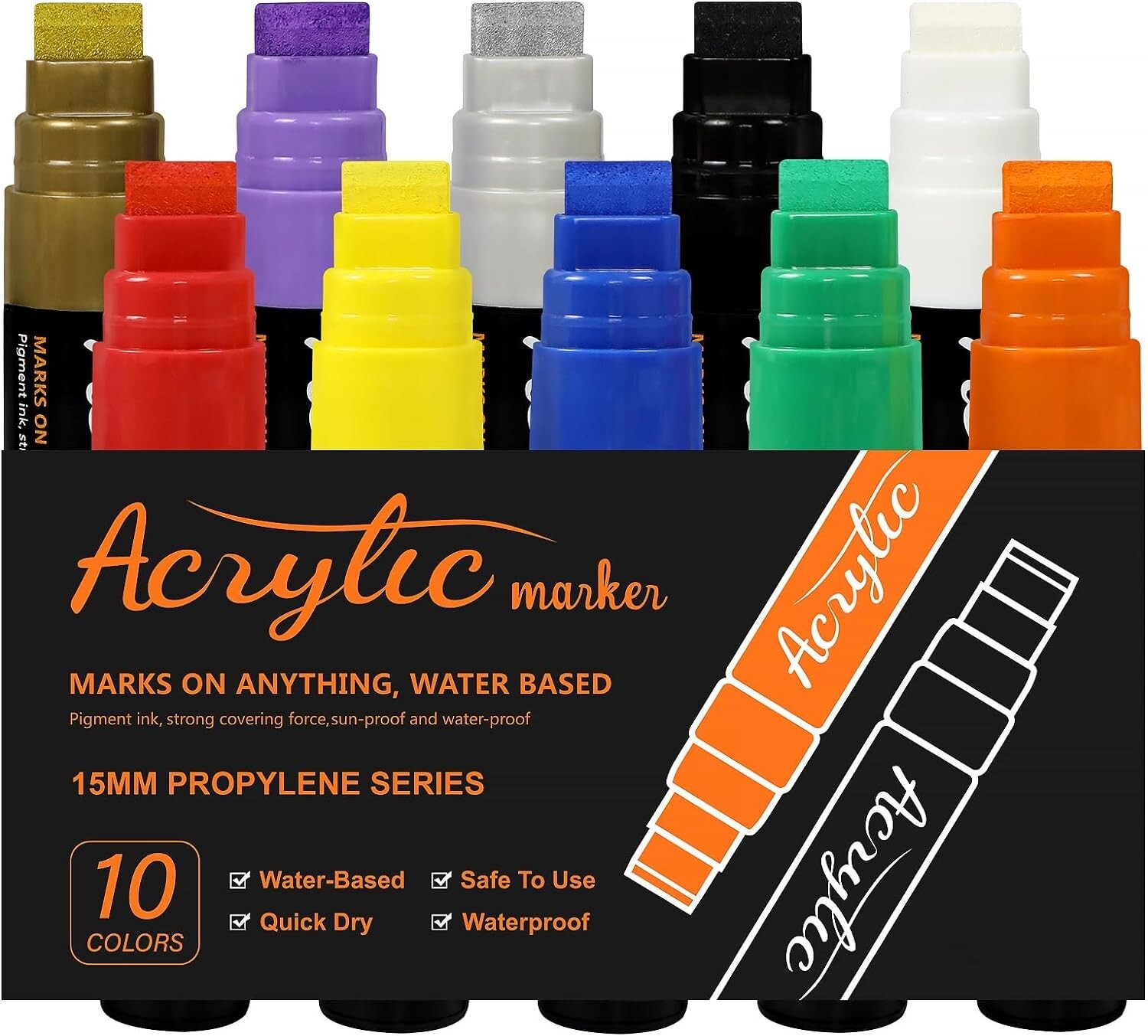 Paint Markers 10 Jumbo Colored with 15mm Felt Tips - Acrylic Paint Pens for R-image