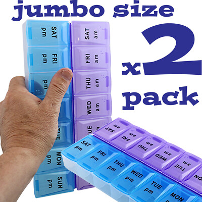 2 Jumbo Extra Large 7.5'' x 4'' Pill Organizer 7 Day 2 Times a Day Weekly Pill Box