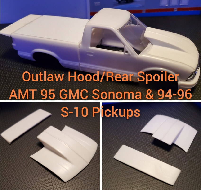 Resin Rear Spoiler Outlaw Hood Combo for GMC Sonoma & 94-96 Chevy S-10 AMT 1/25.