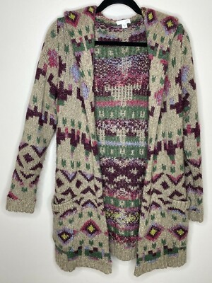 436. j jill aztec lenox hooded heavy sweater coat open front wool blend sz XS