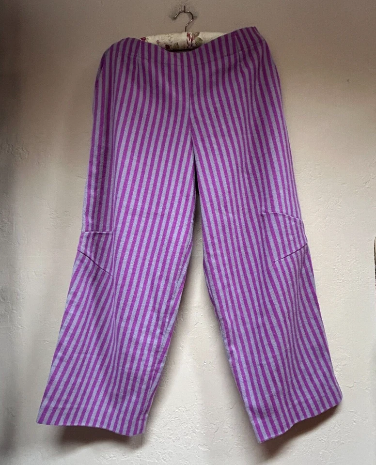 New Lilith Womens XL Wool Cotton Purple Gray Striped Wide Leg Pants Lined $545