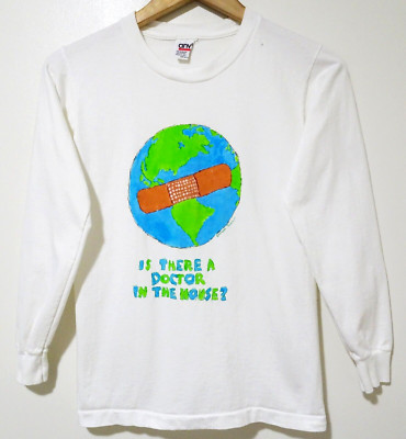 XS/S Vtg Women's 90s Earth Climate Crisis Handmade Single Stitch Long Sleeve Tee