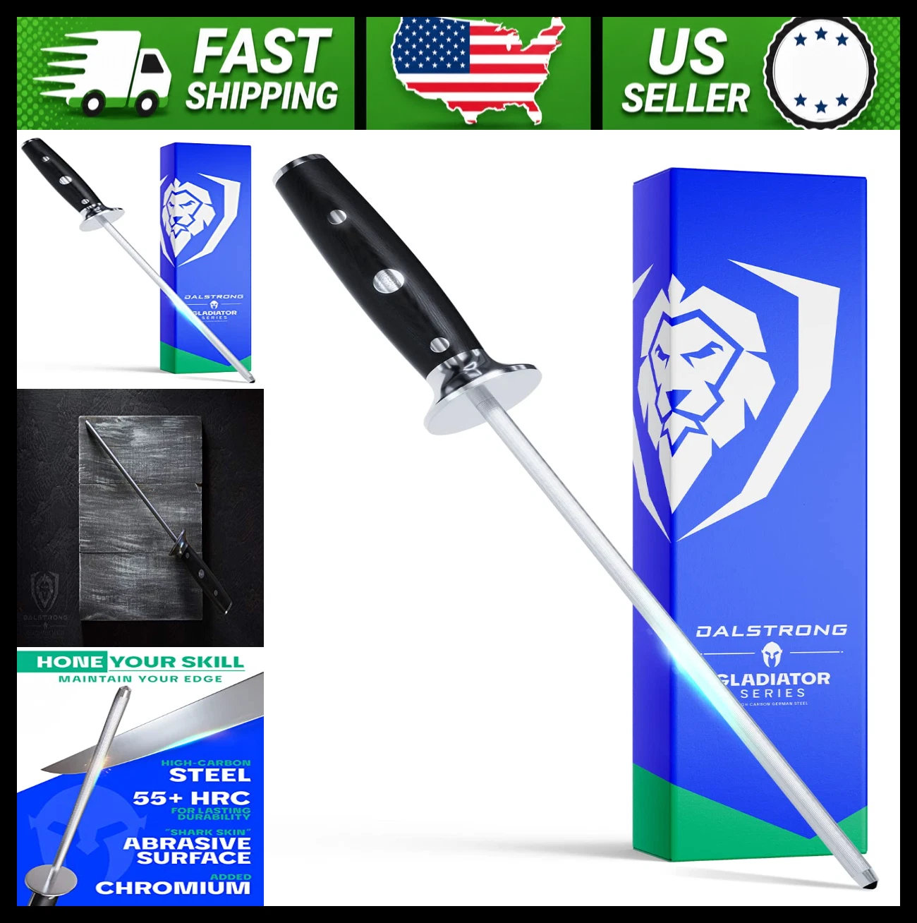 Dalstrong 10in Honing Rod Stainless Steel Knife Sharpener G10 Handle