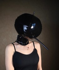 Latex Inflatable Hood double Rubber Mask w/ Long breathing tube for Fetish