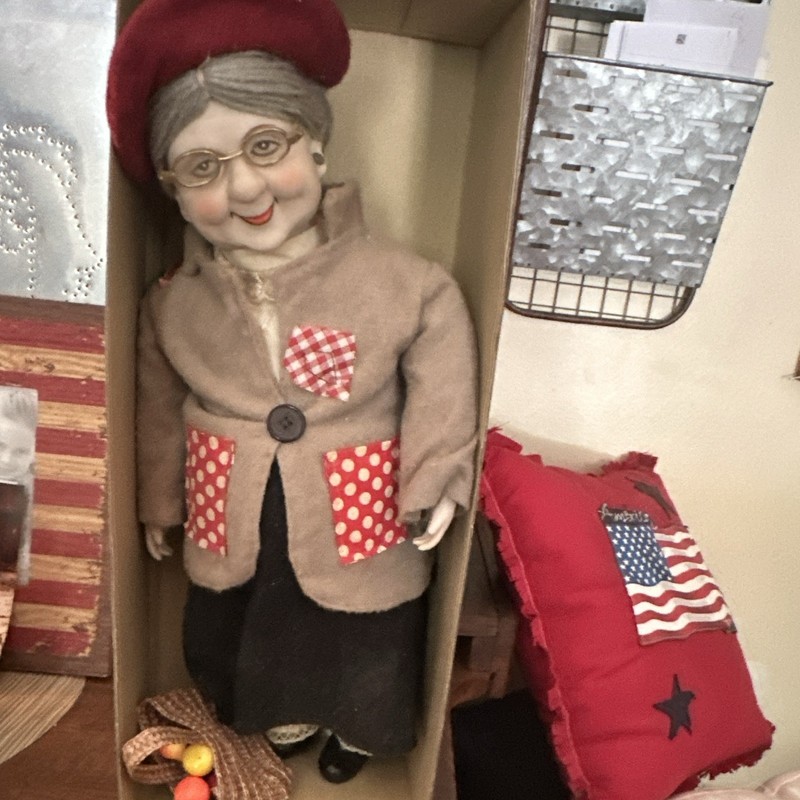 Dynasty Doll Collection Porcelain Doll Gray Hair Glasses Red Hat Outfit