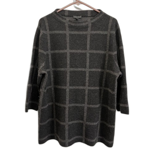 Eileen Fisher schwarz grau karierter Pullover Tunika Pulli Oberteil Damen Gr. Large