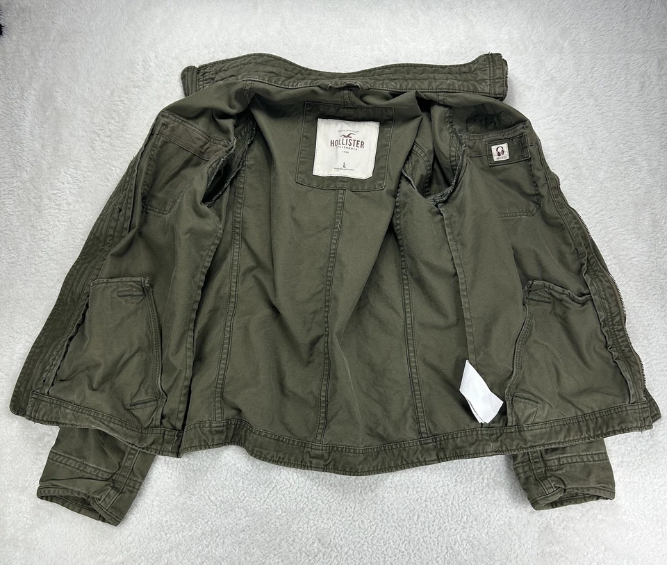 Chaqueta Militar Hollister Hombre Verde Oliva Grande Campo Cremallera Botón Completo Algodón Foto 2 de 4