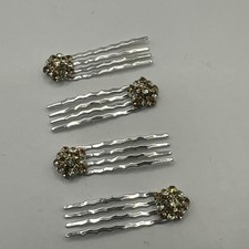 Set of 4 Silver Metal Rhinestone Flower Bridal Hair Clip Combs Amber Champagne