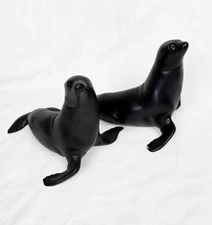 6” Vintage Royal Dux Sea Lion Figurines Pair Matte Black Porcelain Bohemia 1970s