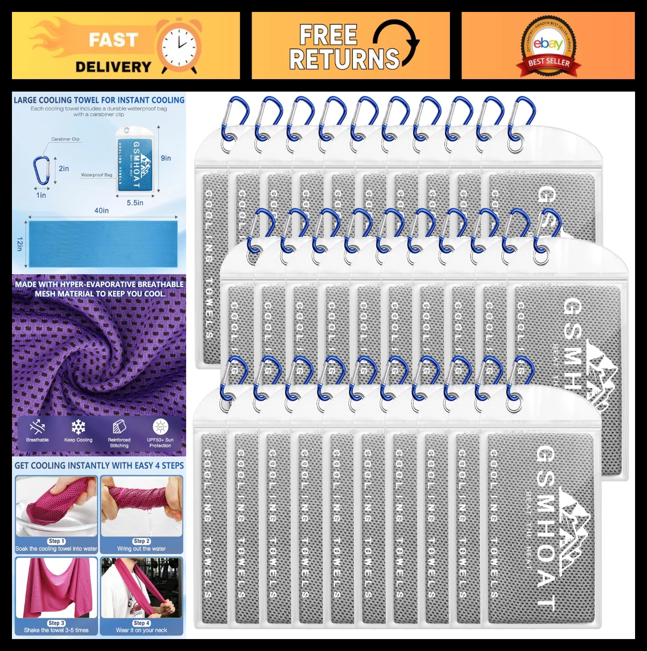 30 Pack Cooling Towels 40"x12" - Bulk Cold Neck & Face Rags for Sports, Gym, Yog