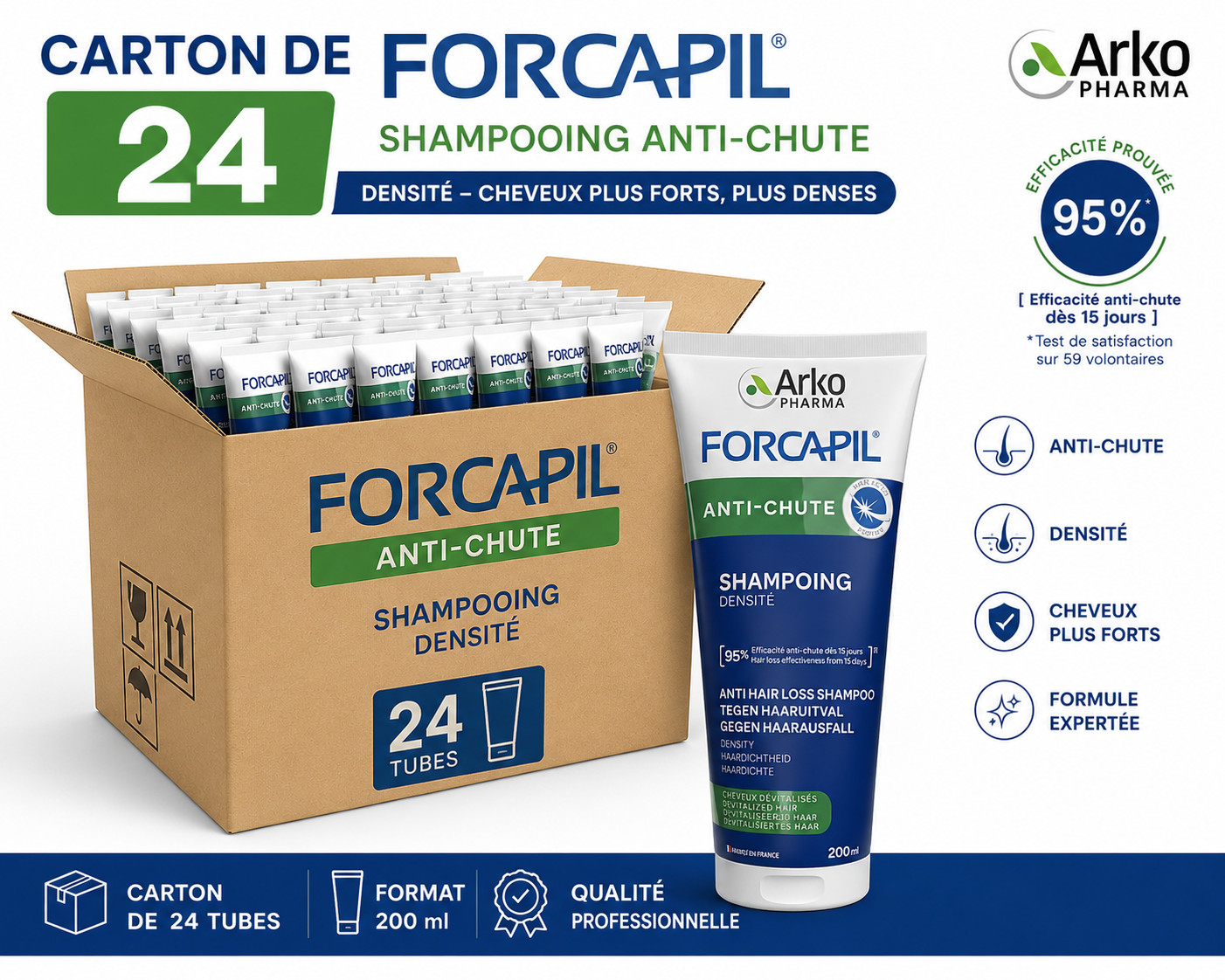 Forcapil Shampoing Anti-Chute Arkopharma soin cheveux fins et fatigués flacon 200 ml