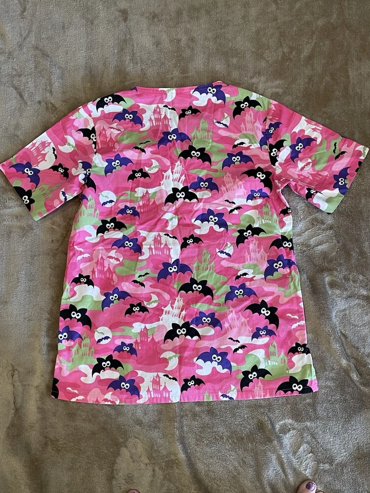 White Swan Fundamental Pink Halloween Scrub Top With Bats Size XS 100% Cotton - Image 4 of 4