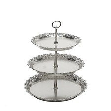 Silver 15" Plastic 3 Tier Metallic Round Cupcake Display Tower Lace Cut Rim