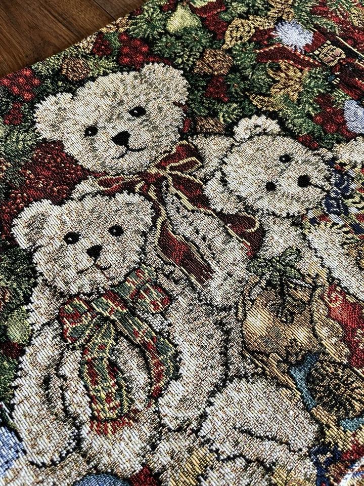 Violet Linen Decorative Christmas Teddy Bears Design Tapestry table runner. - Image 3 of 4