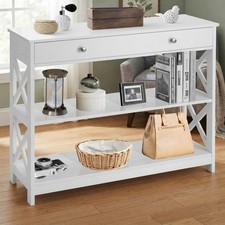 White Wooden Console Table Narrow Entryway Storage Shelves & Drawer Modern