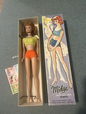 Vintage Mattel Titan SL Midge In Box w/ Swimsuit , Booklet, Stand Doll