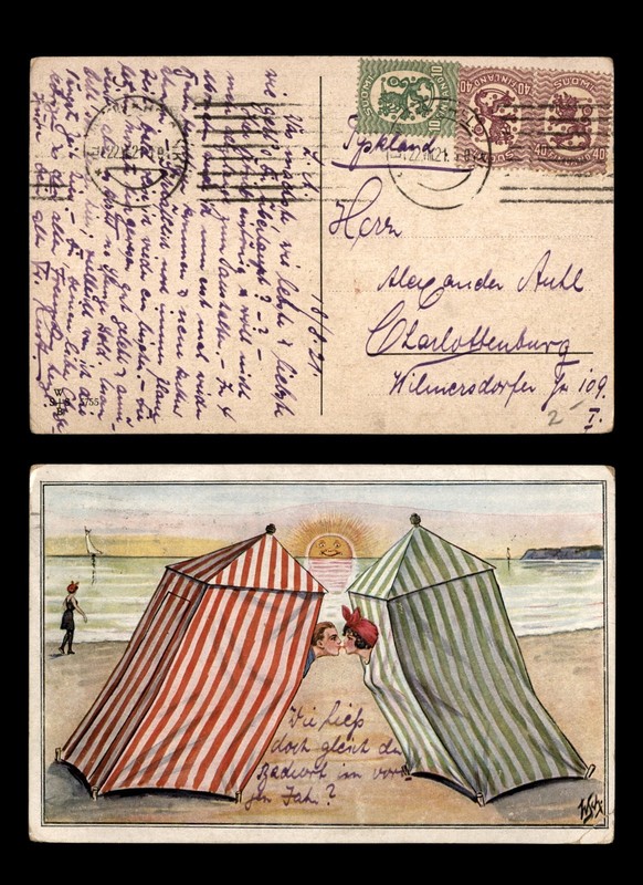 Mayfairstamps Finland couple kissing at beach in separate changing rooms Post Ca