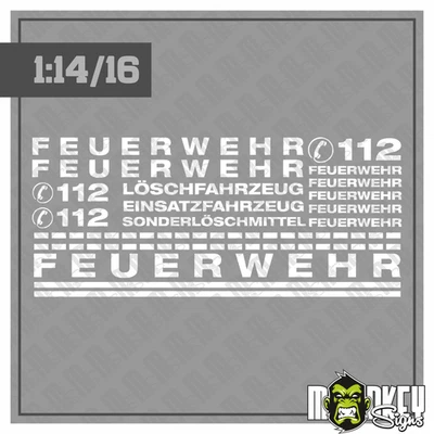 MONKEY SIGNS 18 teiliges Aufkleber Set Feuerwehr weiß passend für 1:14 & 1:16 RC LKW Truck