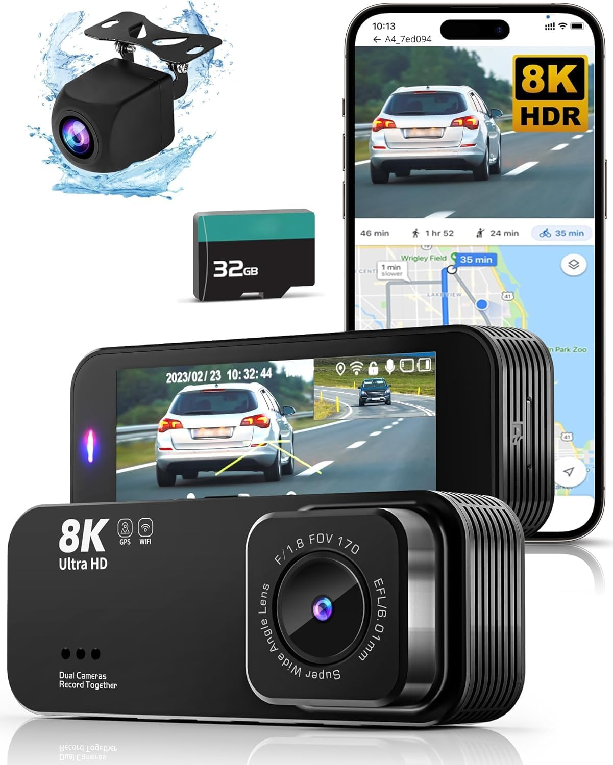 8K Ultra HD Dash Cam Front and Rear with Built-In GPS and 32GB Card