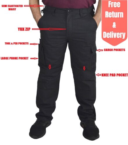 Mens Cargo Work Trousers Knee Pad Pockets Black Heavy Duty Safety Combat Pants  - Afbeelding 1 van 31