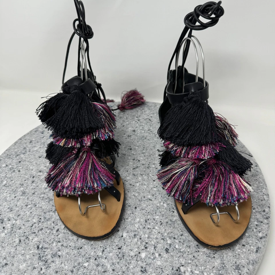 Rebecca Minkoff Sandals Womens 6 Elisha Black Leather Pink Tassels Lace Up Shoes - Image 2 of 4