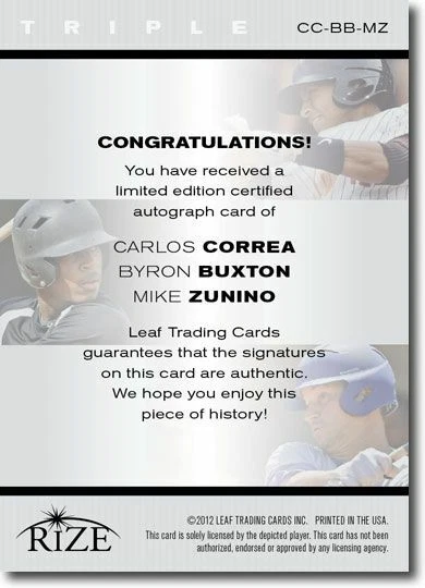 Carlos Correa 2012 * Byron Buxton * Mike Zunino * Rize púrpura automático #/5 Foto 2 de 2