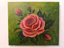 Quadro moderno dipinto a mano su tela ad acrilico 30 x 40 cm Rosa con boccioli 