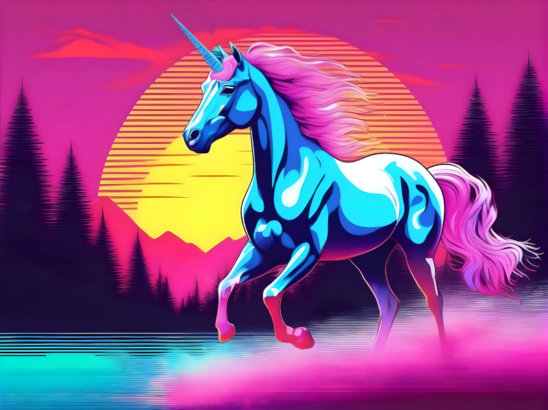 Unicorn Running Sunset Lake Trees Clouds Colorful Vaporwave 1980s