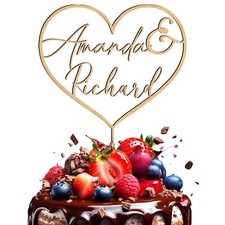 Personalised Wooden Wedding Cake Topper Heart Custom Names Anniversary Gift