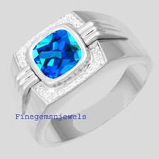 Natural Blue topaz  CZ Gemstones With 925 Sterling Silver Ring for Men's 277