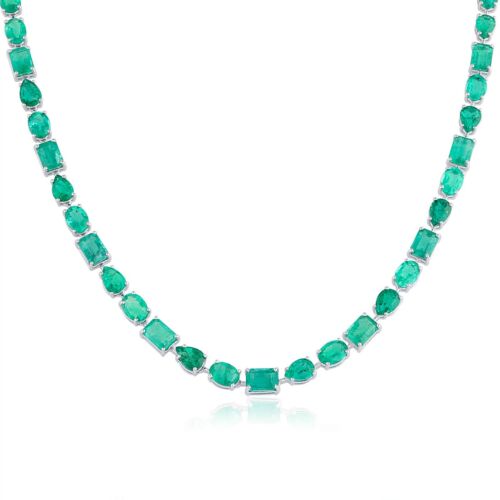 Natural Zambian Emerald Gemstone Necklace 18k White Solid Gold 34.51 Tcw - Picture 1 of 8