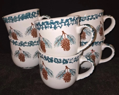 Pinecone Tienshan Folk Craft 6 Mugs Holiday Christmas Cabin 16 Oz Mint Pine cone