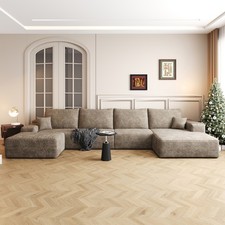 135" U-Shaped Cloud Sectional Sofa with Ottoman, Plush Corduroy, Camel