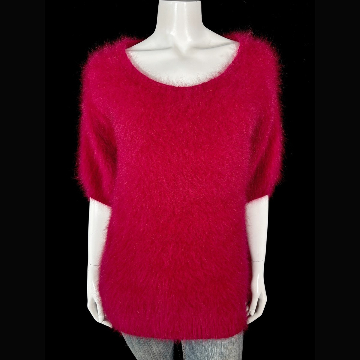 75% Angora Fuzzy Ruby Red Short-Sleeve Scoop-Neck Tunic Sweater Dress 34 in bust